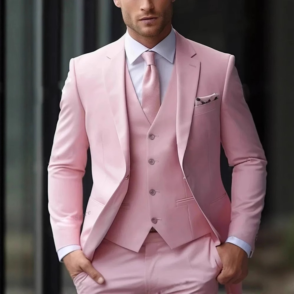 Men'S Formal Wear For Reception - 3 Pieces Pink Formal Men Suits