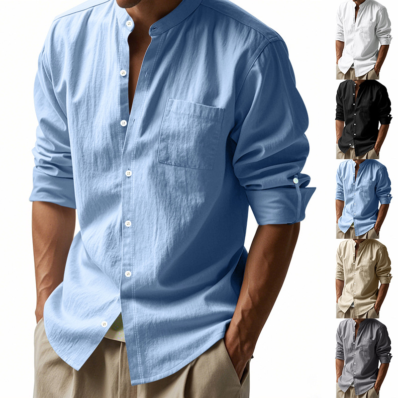 Men Formal Wear Top - Men's Linen Stand Up Collar Shirt