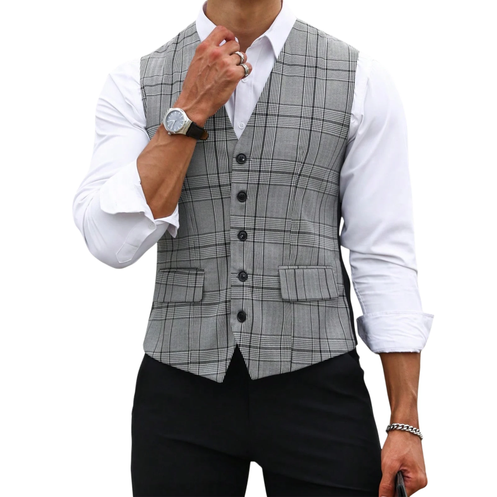 Men Grey Plaid Suit Vest Slim  - Formal Vest Waistcoat review and price