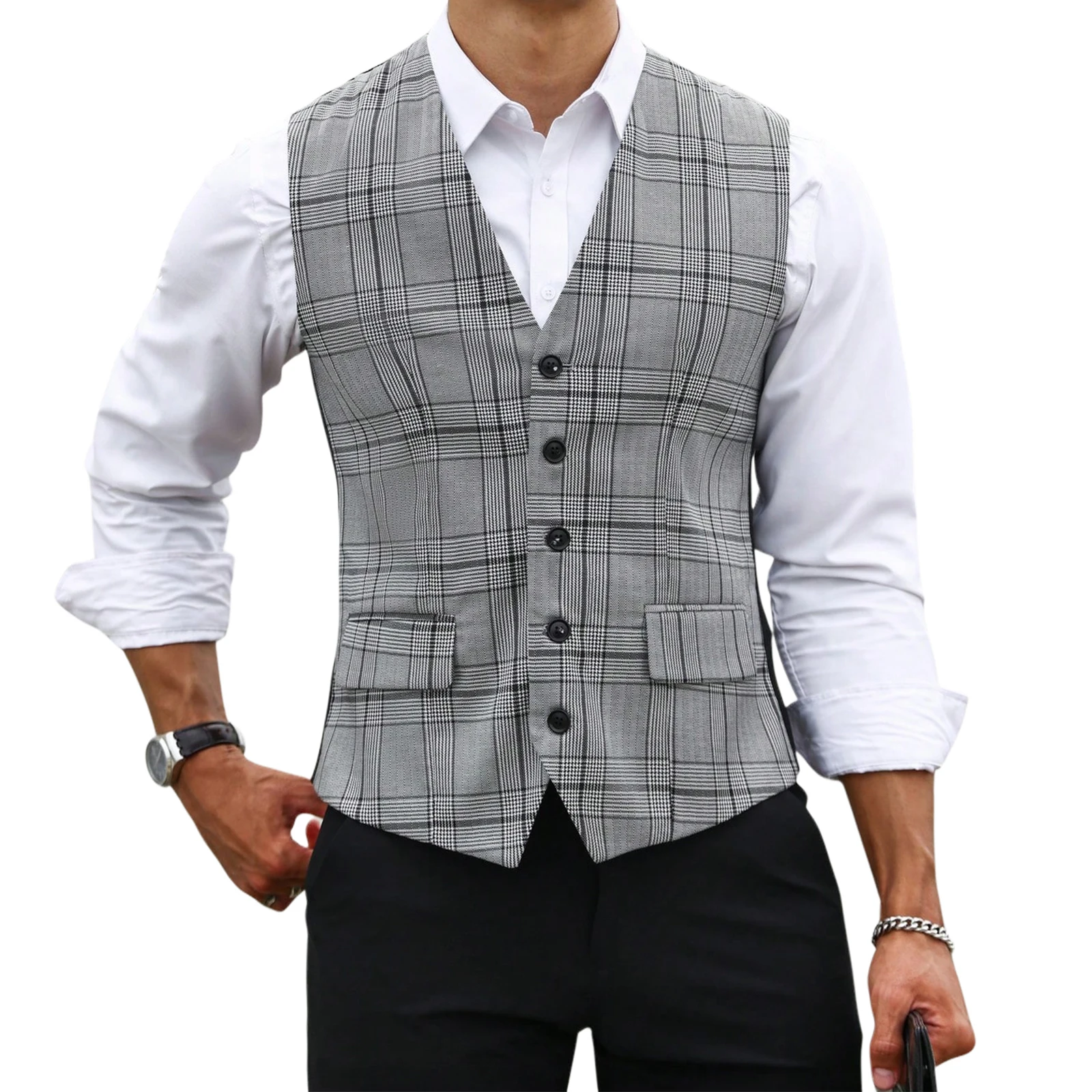 Men Grey Plaid Suit Vest Slim  - Formal Vest Waistcoat review and price