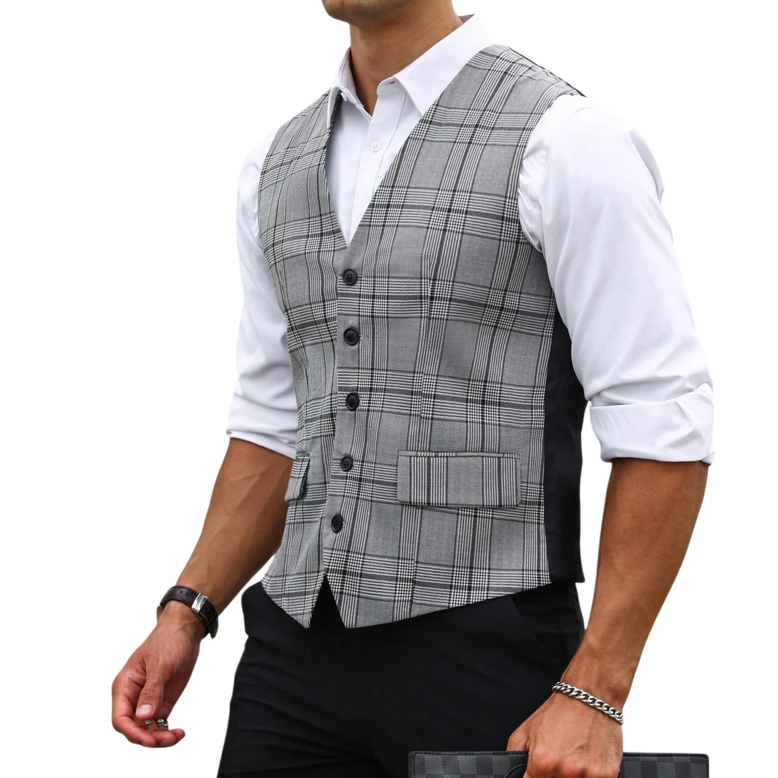 Men Grey Plaid Suit Vest Slim  - Formal Vest Waistcoat review and price